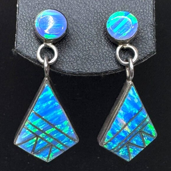 Vintage FB Sterling Silver & Blue Opal Inlay Dangle Earrings Zuni Signed Stamped - Picture 1 of 6